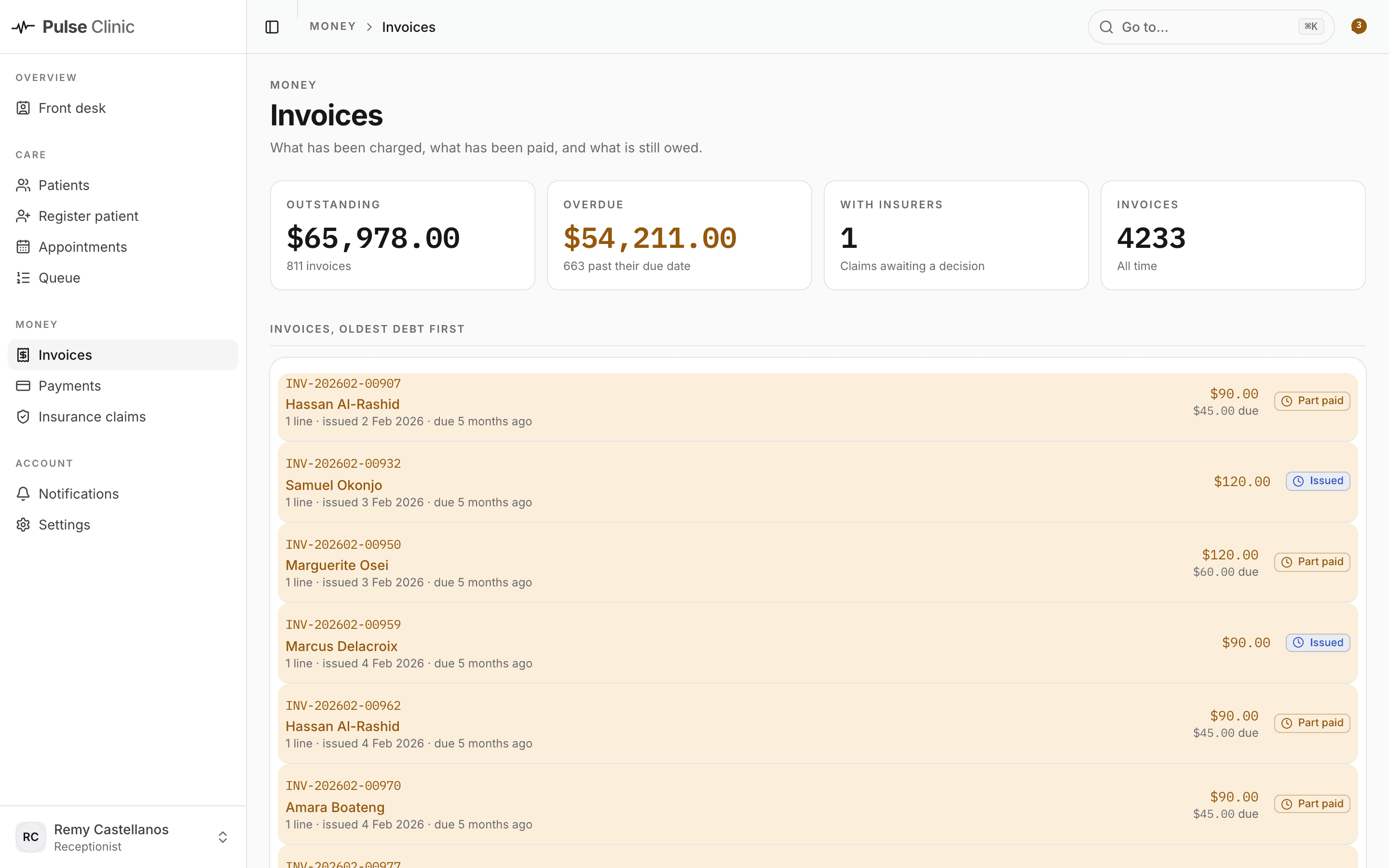 The invoice list with balances.