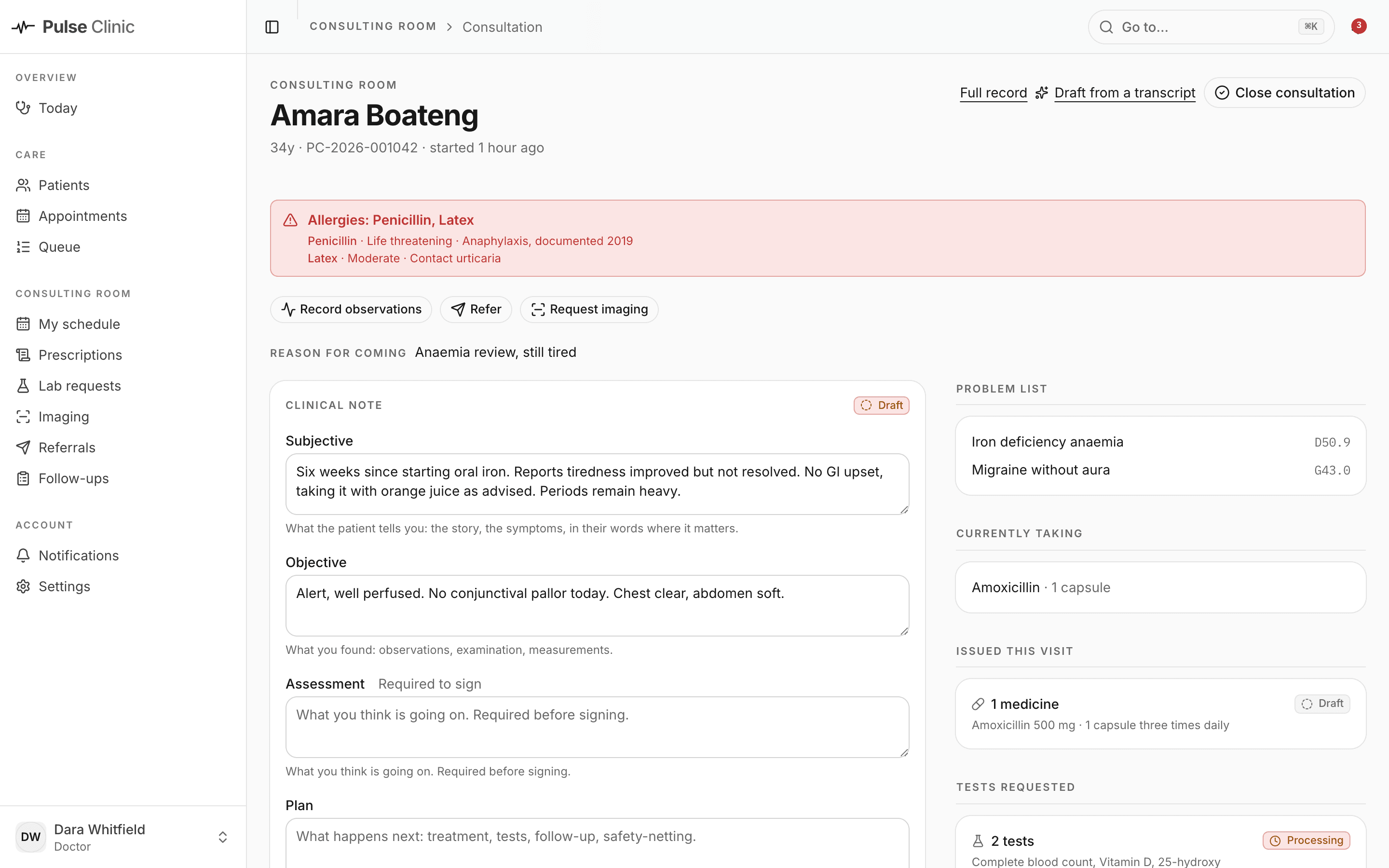 The consultation workspace: an allergy banner, a SOAP note in draft, the problem list with ICD-10 codes, and what was issued during the visit.